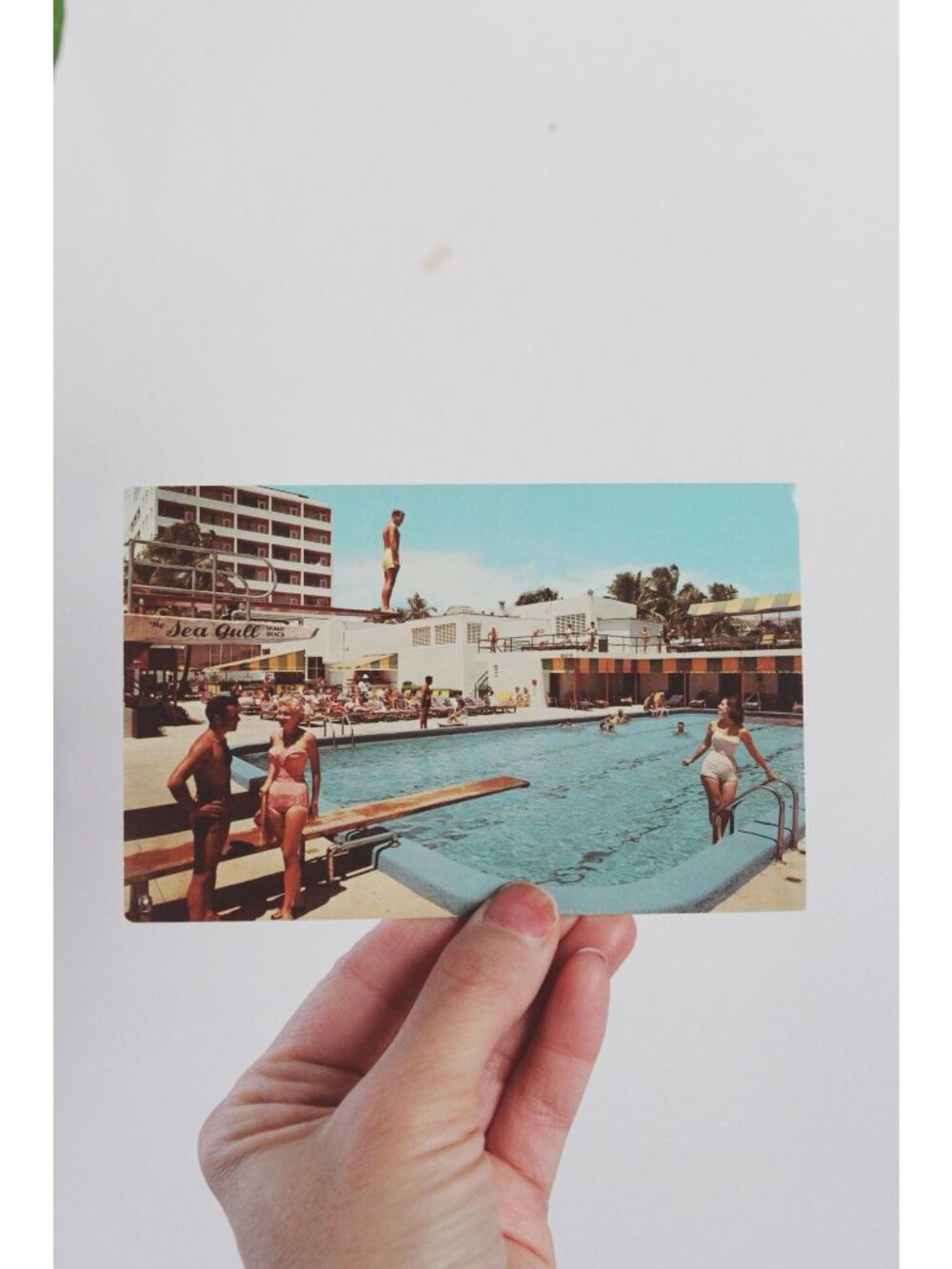 Vintage Sea Gull Hotel Miami Beach Postcard Pool Scene Mid-Century Linen Back